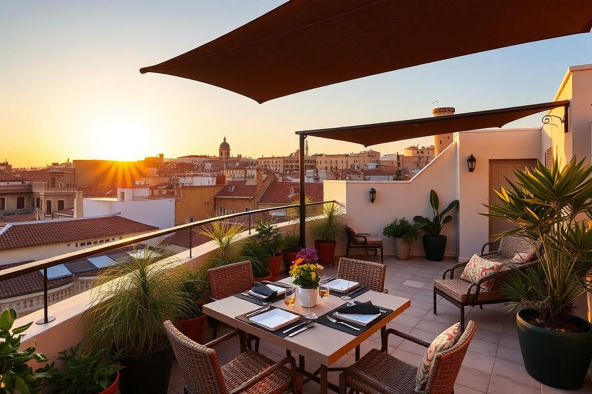 Stylish rooftop terrace at sunset